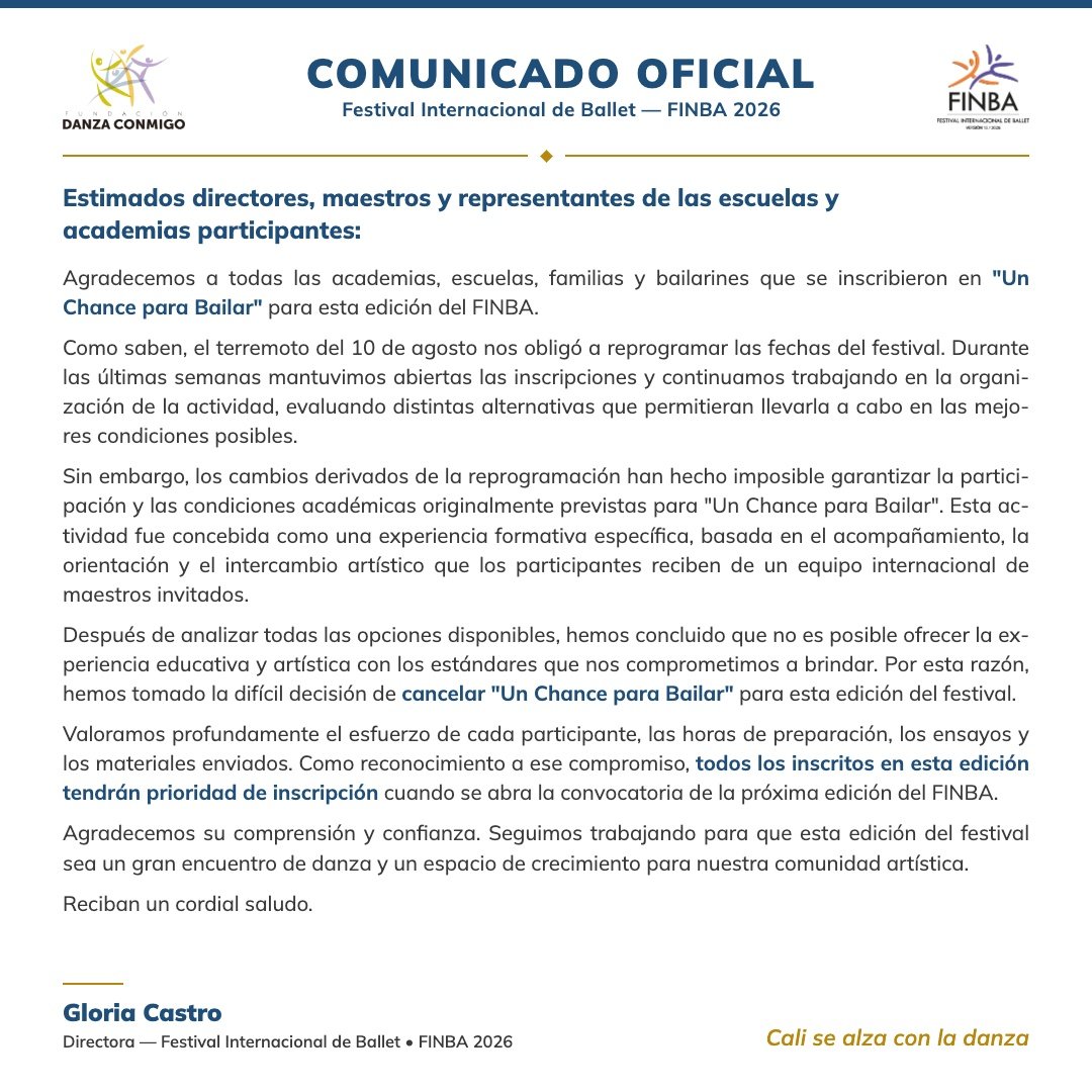 Comunicado oficial FINBA 2026: cancelación de Un Chance para Bailar, firmado por Gloria Castro, Directora del Festival